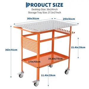 Carbon Steel 36" x 24" Four-Wheel Welding Workbench with Two Brakes, Four Fixed Base Supports, Side Pegboard, Hooks, and Storage Tray - Heavy Duty Welding Table, Work Bench, Plasma Table, Welding Cart
