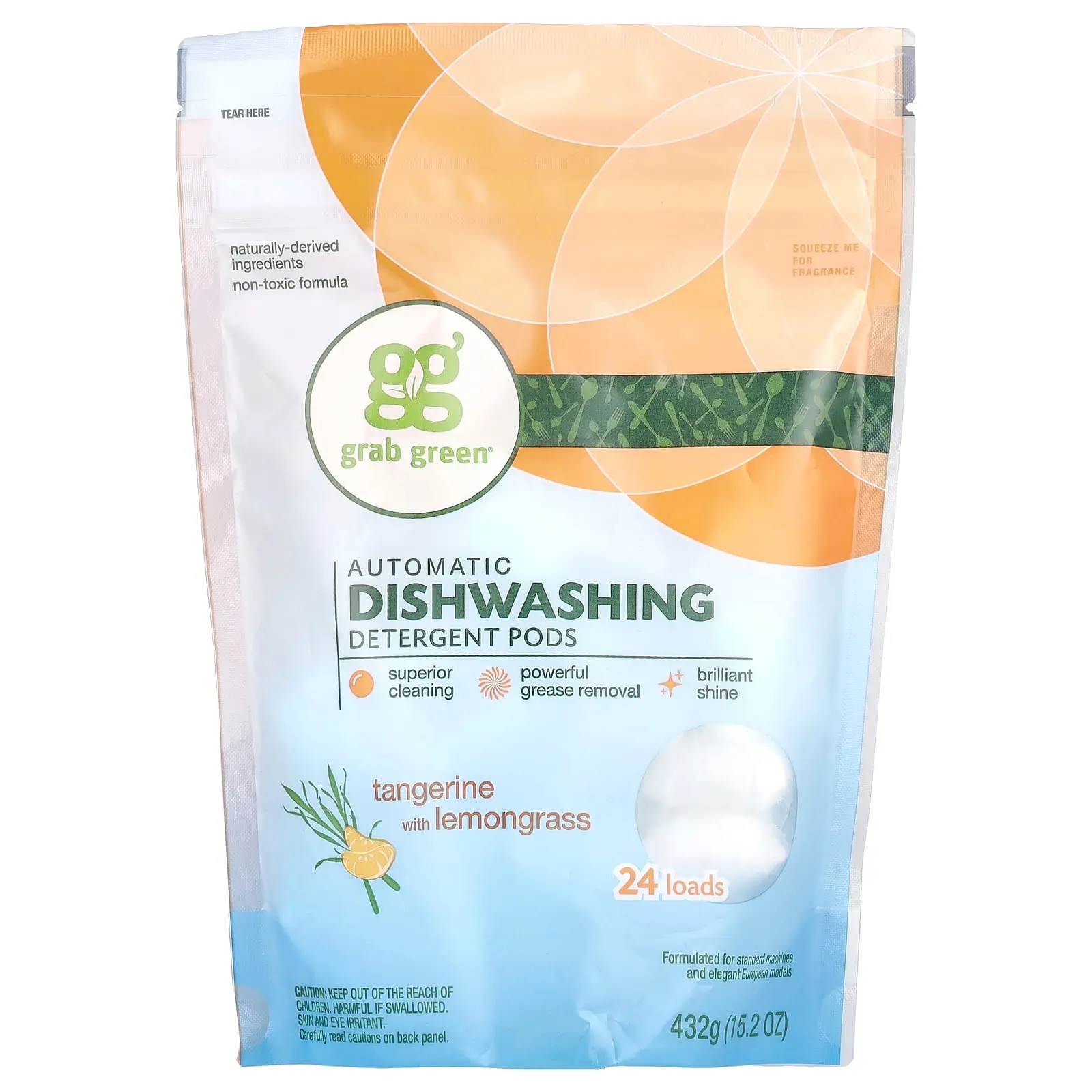 Grab Green Automatic Dishwashing Detergent Pods, Tangerine with Lemongrass, 24 Loads, 15.2 oz (432 g)