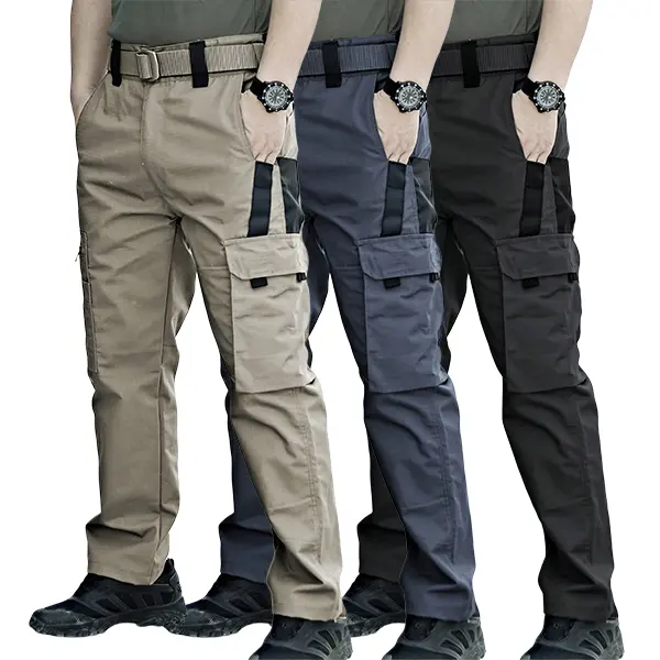 Men’s three-color woven stripe patchwork tactical cargo pants, flap design, multiple pockets, outdoor wear-resistant straight-leg functional pants