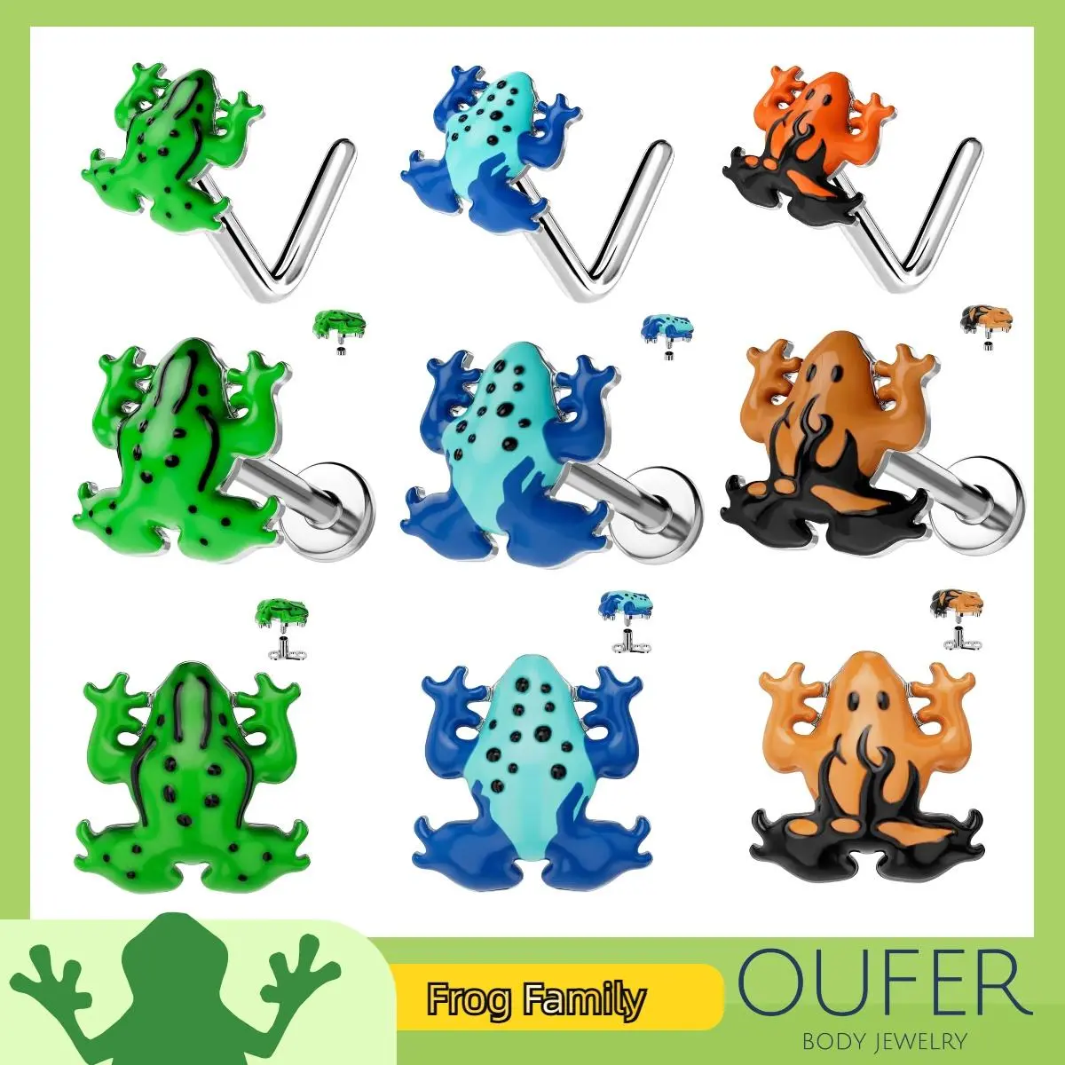 OUFER 16G Internally Threaded Stainless Steel Playful Frog Body Jewelry - Labret Ring, Nose Stud, Dermal Anchor, Cartilage Stud for Daily Wear, Nose Piercing