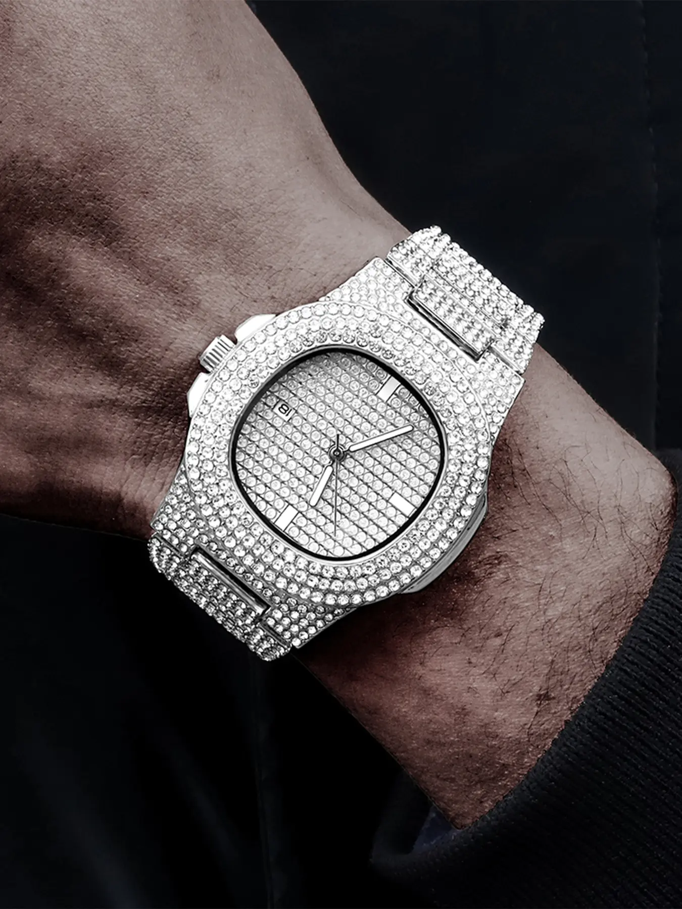 Shiny Rhinestone Quartz Watch, Fashionable Wristwatch, Fashion Hip Hop Punk Style, Silver Color, Unisex Birthday Party Jewelry Gift, Quartz Analog Watch