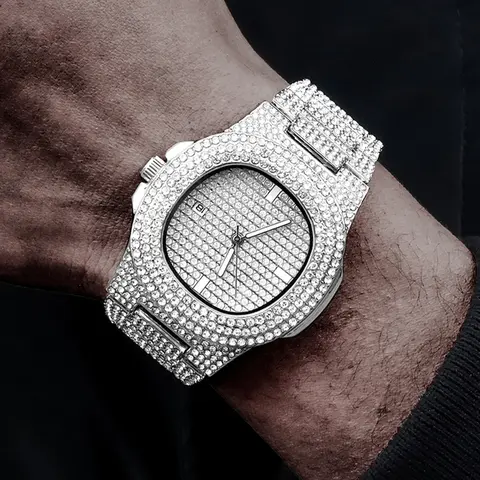 Shiny Rhinestone Quartz Watch, Fashionable Wristwatch, Fashion Hip Hop Punk Style, Silver Color, Unisex Birthday Party Jewelry Gift, Quartz Analog Watch
