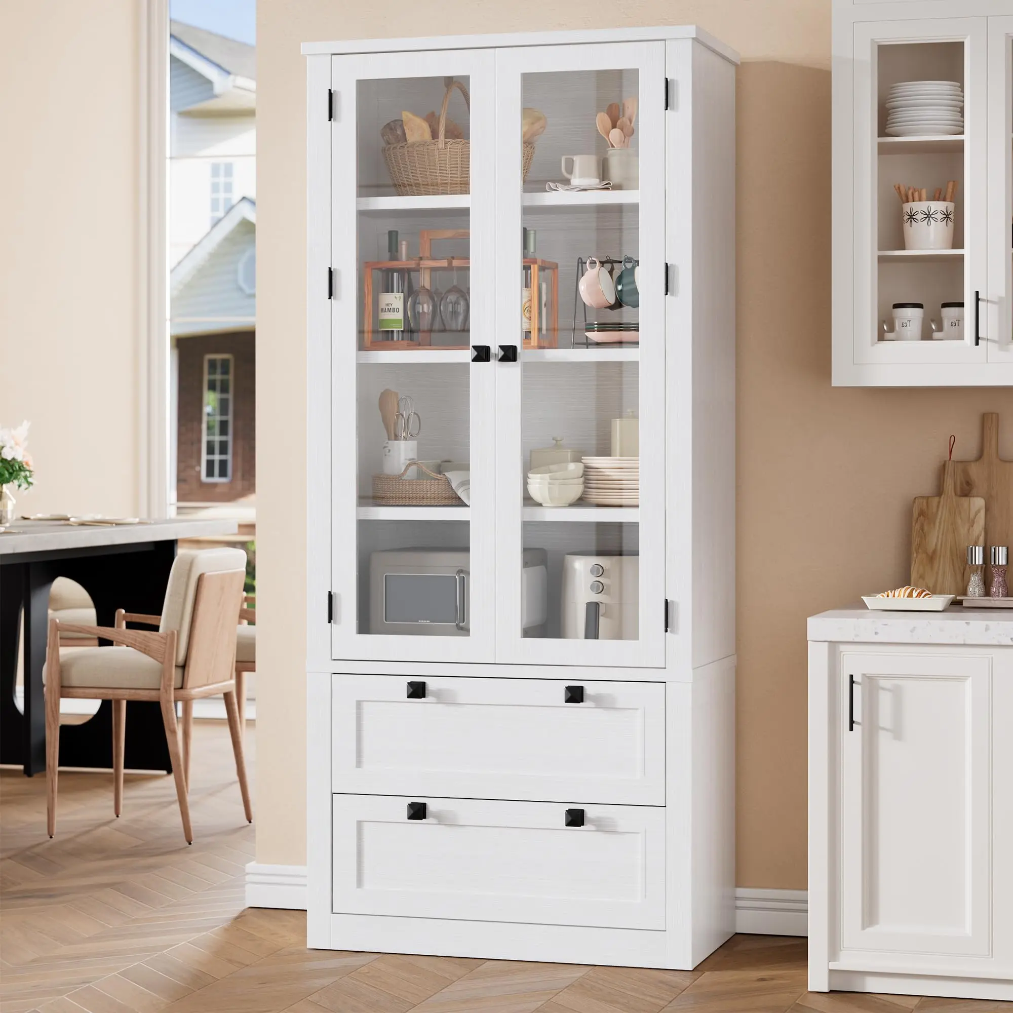 Garvee Wood Kitchen Pantry Cabinet - 14.1"D x 31.5"W x 71.9"H, Water Resistant, Modern Double-Glazed Glass Doors, 2 Large Drawers, Adjustable Shelves, Floor Mount, Installation Kit, Farmhouse Cupboard for Kitchen, Dining Room