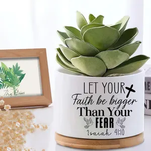 "Faith Bigger Than Fear" Isaiah 41:10 Religious Ceramic Succulent Planter with Bamboo Tray - Aesthetic Faith White Mini Pot Dove & Cross Gift for Her & Him - Decorative Flower Pot for Office Desk, Home Shelf & Windowsill Decor