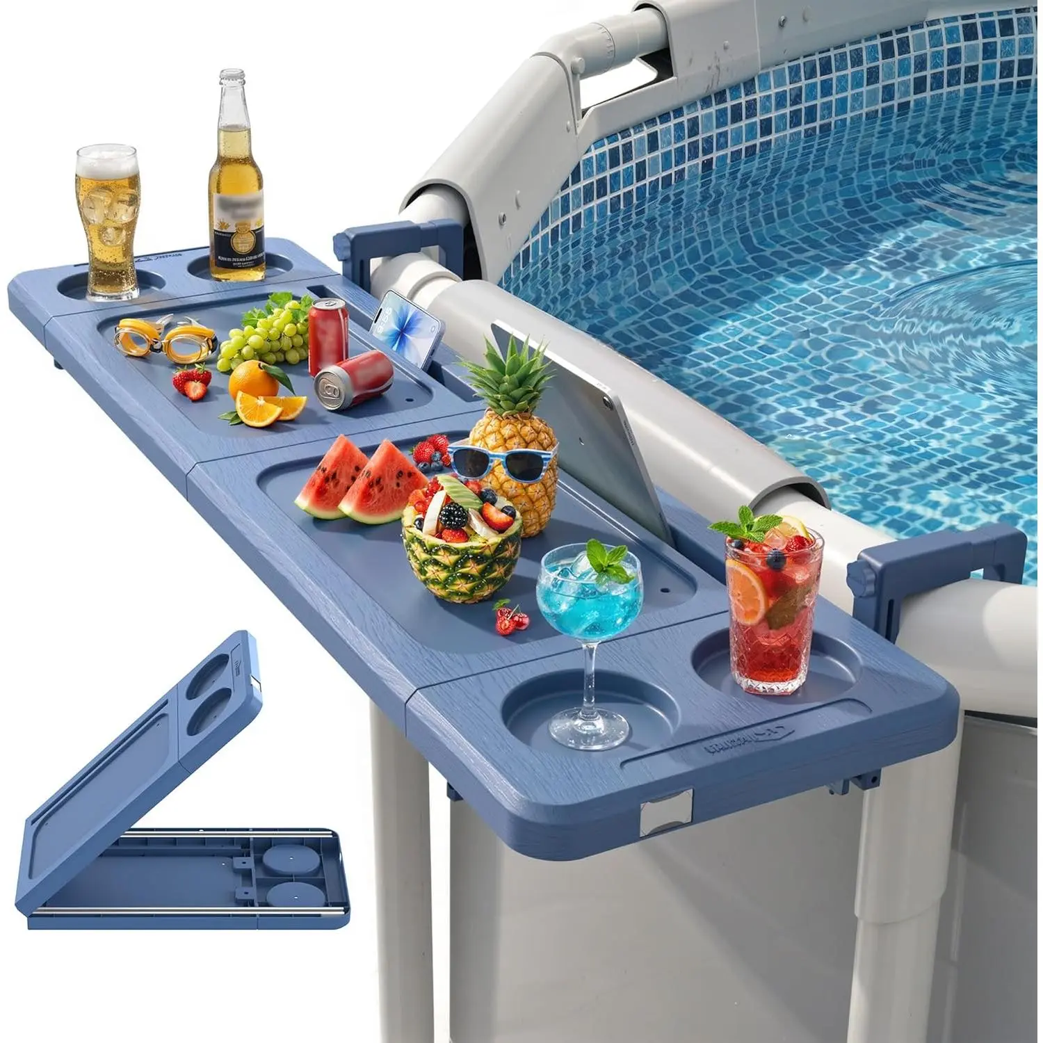 44"x12" Folding Bar Table - Outdoor Portable Balcony Outside Table, 38.5"x11.7" Adjustable Support Bracket, 4 Cup Holders, No-Tool Setup, 110lbs Capacity, Water Resistant Non-Slip Wood-Alternative Tabletop, Fits Above-Ground Pools, Ideal for Summer Bashes