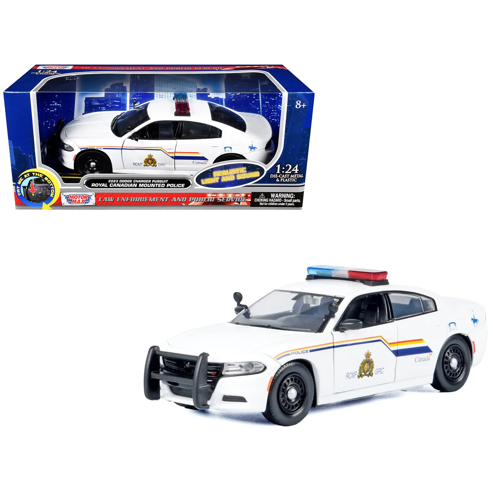 2023 Dodge Charger Pursuit Police Car "RCMP" White with Flashing Light Lights and Sound 1/24 Diecast Model Car by Motormax