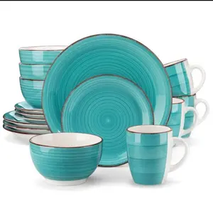 Vancasso 16 Piece Porcelain Dinner Set Vintage Look Turquoise Ceramic Plate Set With 4 Dinner Plates Dessert Plates Bowls & Mugs