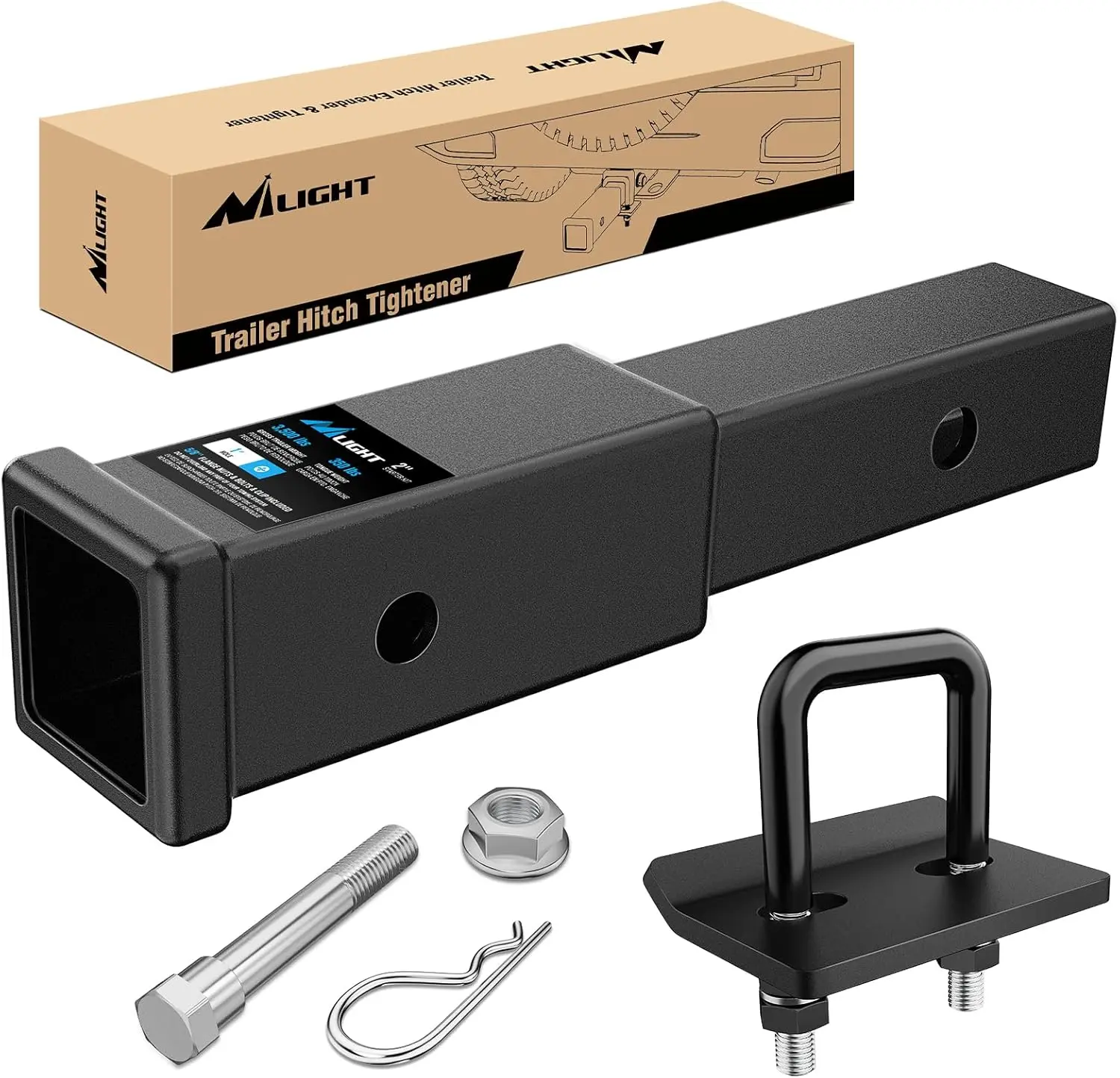 Nilight Durable Stainless Steel Trailer Hitch Extender - 7 in Extension, Tightener Kit for 2" Class 3 or 4 Receiver, 3500 lbs GTW, Dirt-Resistant Matte Black Outdoor Use Automotive Towing Accessory