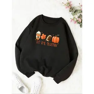 Women's Pumpkin & Letter Print Drop Shoulder Sweatshirt, Casual?Thermal Lined?Long Sleeve Round Neck Pullover for Fall & Winter, Ladies Clothes for Daily Wear, Halloween