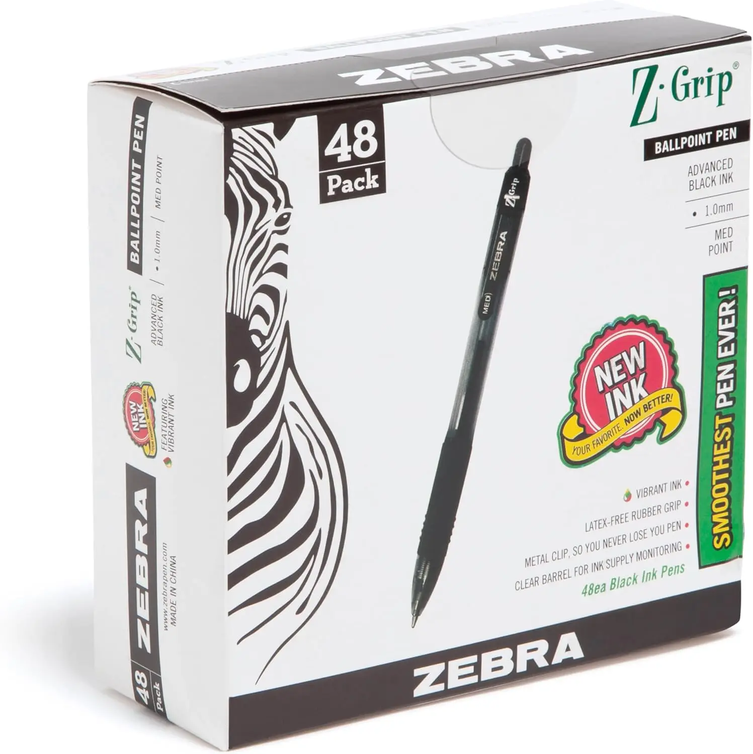 Zebra Pen Z-Grip Retractable Ballpoint Pens, Black Ink, 1.0 mm Medium Point, 48-Pack Smooth Writing Pens for School, Office & Everyday Use