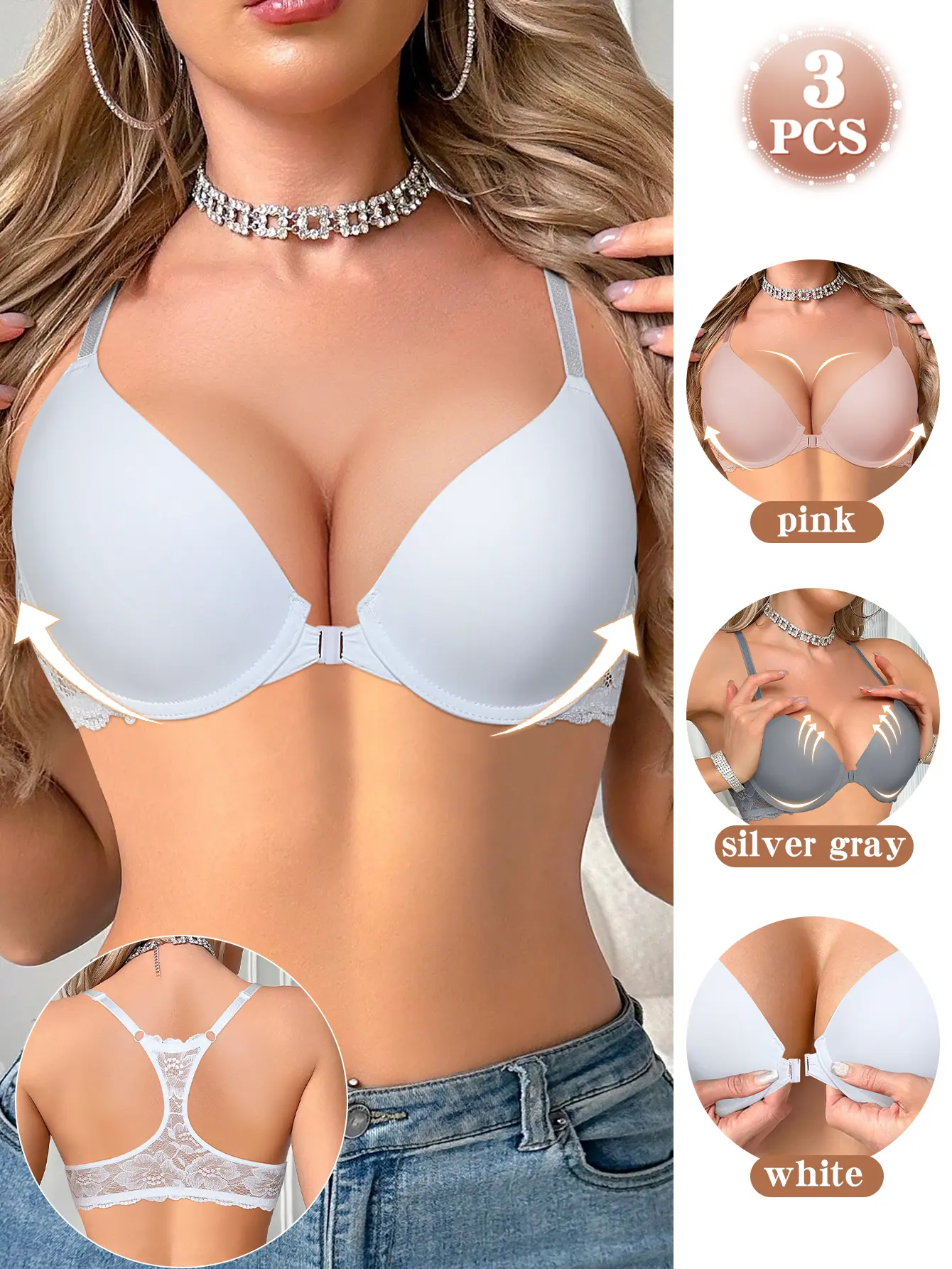 Women’s 3PCS Front Closure Backless Underwire Push-Up Bras - Basic, Comfortable, Elegant, Plain Lace Back, Soft Breathable Fabric Lingerie, Front-Close Ease, Everyday to Holiday Outfits