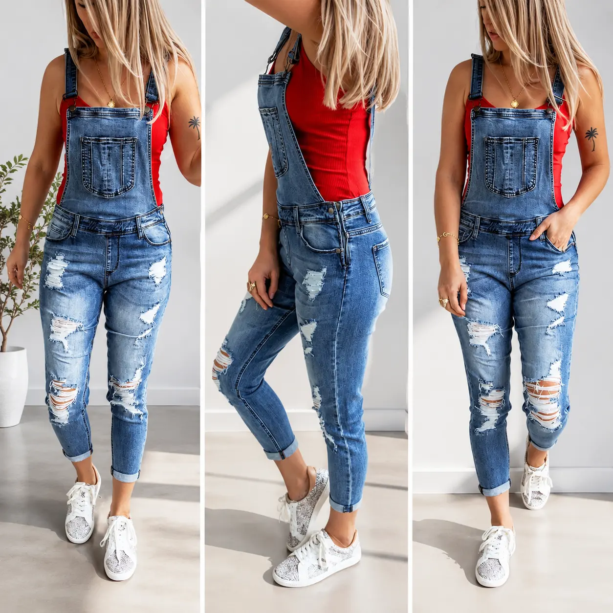 Fashionable distressed ripped denim bib overalls for women, slim fit with rolled hems, adjustable nine-tenth-length denim bib overalls, casual one-piece design, casual straight-leg nine-tenth-length pants
