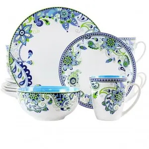 Elama Blue Fiesta Mandala Print 16-Piece Round Porcelain Dinnerware Set - Microwave-Safe Dishes and Plates, Dinnerware Sets