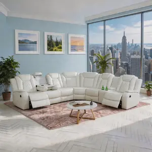 ainehome Modern LED Off-White Leather Breathing Electric Recliner Sofa Set 3-Piece Couch Living Room Sofa Set with Adjustable Backrest & Storage Features Power Reclining