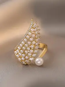 Elegant Wing Ring for Women, Unique Rings, Artificial Crystal Zirconia Imitation Pearl Design, Perfect for Daily Wear & Special Occasions