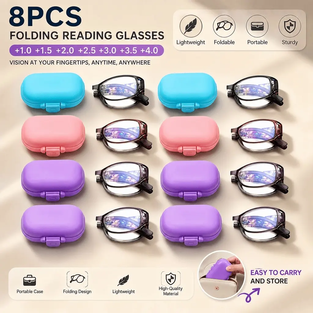 8-Pack Fashion Printed Foldable Reading Glasses. Lightweight And Compact Body for Easy Carry And Storage, Fitted with Portable HD Magnifying Lenses. Each Set Comes with a Dedicated Eyeglass Case. Powers from 1.0 to 4.0 Available