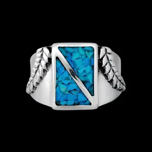 Size 9-925 Sterling Silver Turquoise Sectioned Rectangle Ring, Regal Fern Design, Handmade Floral Band, Handcrafted Gemstone Nature Jewelry