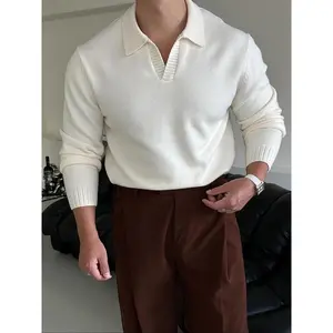 Men's Solid V Neck Collared Sweater, Casual Long Sleeve Jumper for Fall & Winter, Fashion Men's Knitwear for Daily Wear