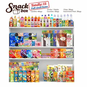 Asian snacks and treats 15 full-size snack box containing snacks, potato chips, biscuits, Pejoy, jelly candies and beverages