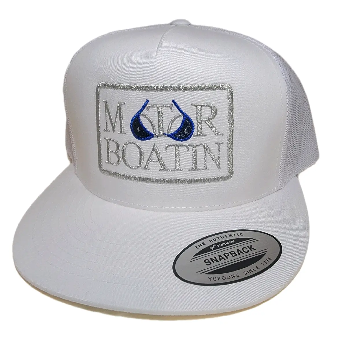 Motor Boatin' Embroidery Trucker Hat - Flat Bill Mesh Fabric Cap, Adjustable Hats Snapback, Solid Color, Breathable, Spot Clean, Unisex Fit Adult Sports & Outdoor Accessory, All Seasons Use, Travel Gift, Outdoor Heat Relief