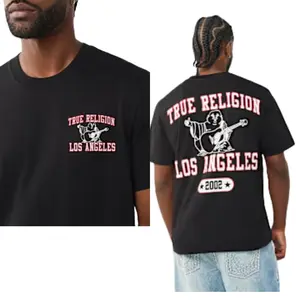 men black true religion los angeles t shirt back graphic cotton regular fit streetwear designer tee large logo print urban fashion summer casual outfit, true religion, True religion shirts for men