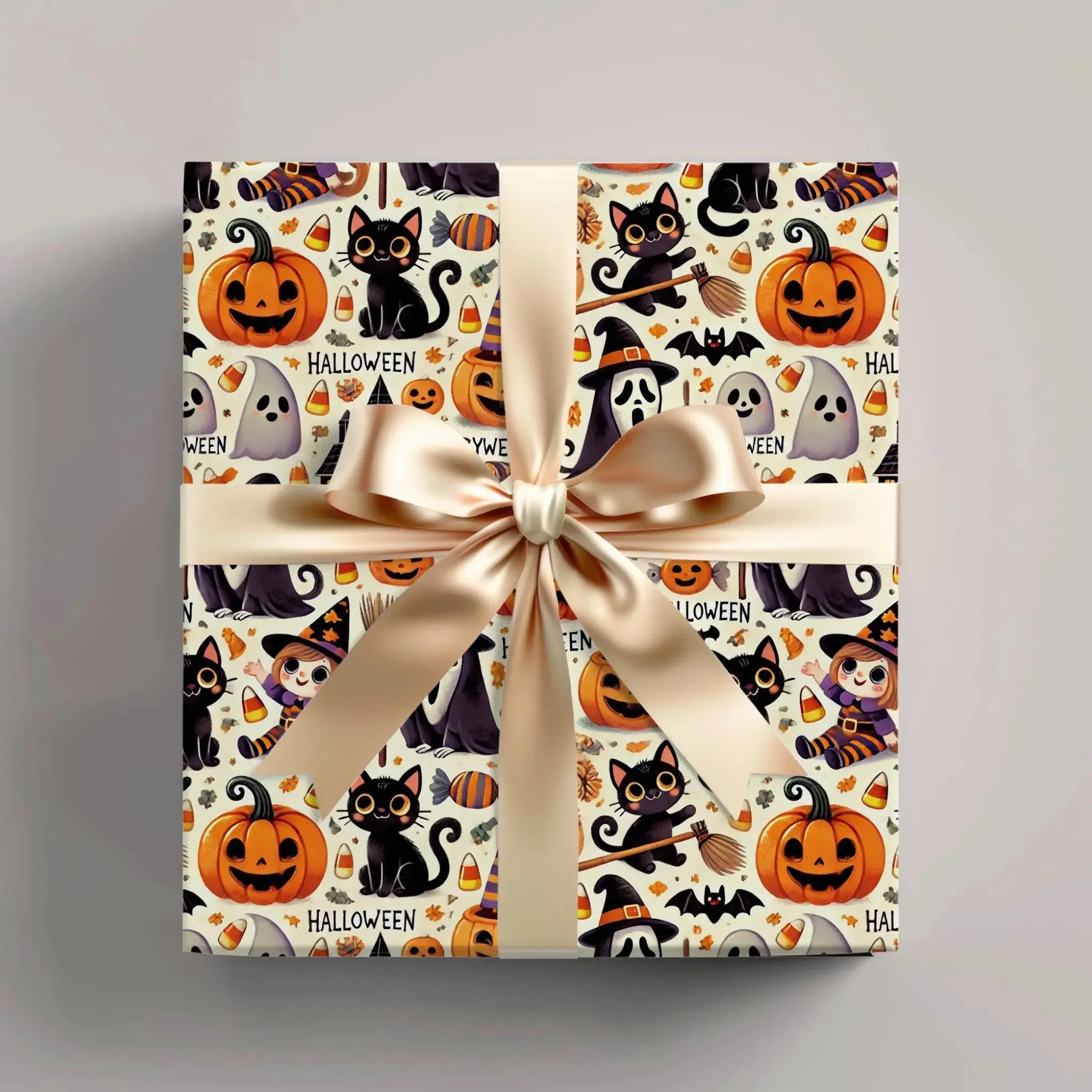 Spooky Trick or Treat Wrapping Paper, Happiest Halloween Gift Wrap, Black Cat Pumpkin Dark Holiday Gift Wrap for Halloween