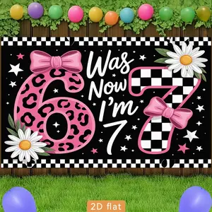 2D Flat Banner Polyester Photography Backdrop, HD Digitally Printed Black and Pink Leopard Print Checkerboard Design Photo Background Cloth with "Was 6 Now I'm 7" Text, Daisies, and Bows for 7th Birthday Party Decorations, Photo B