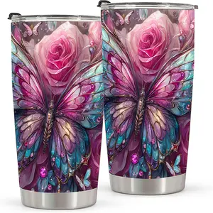 20oz Gemstone Butterfly Watercolor Tumbler, Double Wall Vacuum Insulated Travel Mug, Spill Proof Lid and Straw, Vibrant Floral & Jeweled Wings Design, Ideal for Christmas, Thanksgiving, Valentine's, Mother's, Father's Day, Gift for Birthday, Coffee Cup