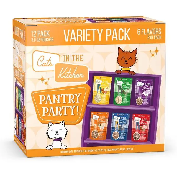 Weruva Cats in the Kitchen, Pantry Party Pouch Variety Pack in Gravy Cat Food, 3oz Pouch (Pack of 12)