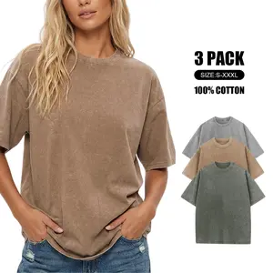 Wayii Fashion 3Pcs Unisex Casual Acid Wash Cotton T-Shirts, Vintage Loose Fit Half Short Sleeves Retro Street Style Tops