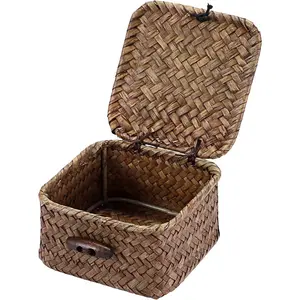 Mini Seagrass Basket Handwoven Small Wicker Basket with Lid Square Portable Storage Baskets for Key Jewelry Decorative Organizer Box for Shelf, 3.5"L x 3.5"W x 2"H