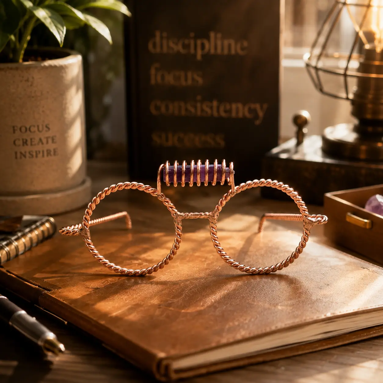 Handmade Pure Copper Wire Wrapped Round Glasses Frame with Purple Amethyst Beads, Sacred Geometry Coil Design, Vintage Boho Eyewear Accessory, Unique Gift for Her