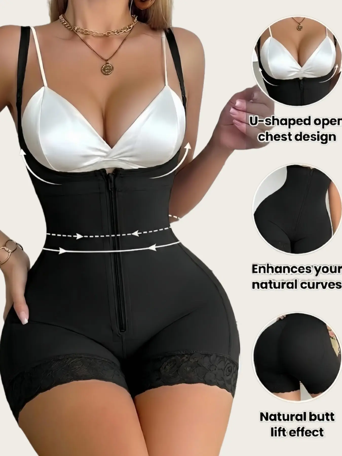 Women's Solid Color Open Bust High Elasticity Bodysuit Underwear with Zipper, Fajas Colombian Girdles, Colombiana Shapewear, Butt Lifting Tummy Control Body Shaper with Adjustable Shoulder Straps, High Compressing Jumpsuit, Suitable for Gym & Daily Wear