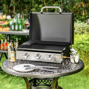 Phivilla 22" Flat Top Grill with Lid, Ceramic Coated Cast Iron Griddle, 3-Burner Portable Tabletop Gas Griddle, 24,000 BTU Barbecue Bbq Stainless Steel