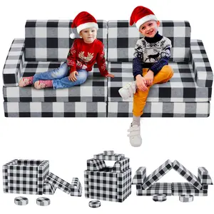 10 Pcs Black and White Kids Couch,Buffalo Checked Toddler Couch Sofa,Foam Modular Kids Play Couch,Convertible Kids Floor Bed Sofa Couch for Playroom Bedroom, Christmas Gifts