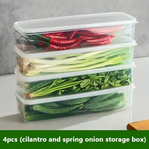 PrimPick 4 pcs rectangular food storage containers, Stackable Fridge Organizer, reusable refrigerator storage boxes, stackable, refrigerator safe, sealed refrigerator organization boxes, suitable for kitchen scallions, parsley, coriander, garlic