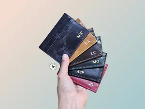Personalized Monogram Credit Card Holder, Black Blue Green Red, Patina Leather Minimalist Card Wallet