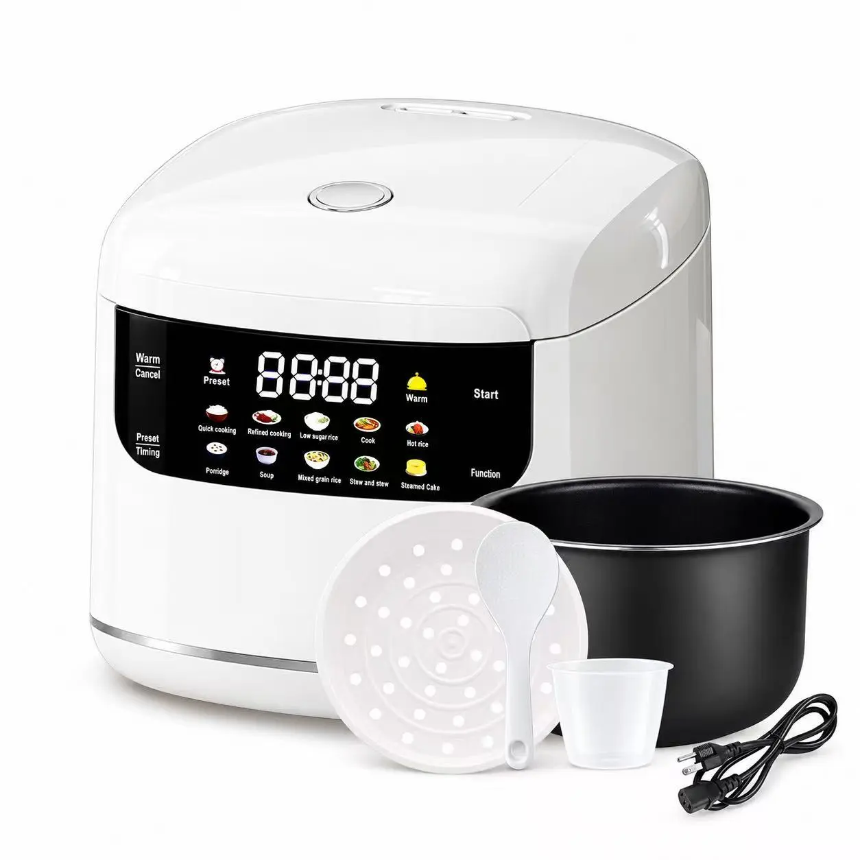 NUNET 5 Cups Mini Electric Rice Cooker, Portable 10-in-1 Smart Multi-Functional Rice Cooker with Time Control, 400W Non-Stick Inner Pot for Soup, Mixed Grain Rice, Oatmeal & Porridge, White