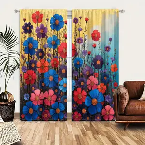 2pcs Window Curtains, A vibrant, textured field of colorful flowers (red, blue, purple, orange, pink) under a gold and blue sky.Window Drapes for Bedroom Living Room, Rod Pocket Window Treatment