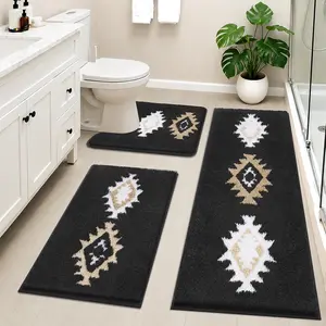 [Summer Sale Deals] HEBE Boho Washable Bathroom Rugs Set 3 Piece, Non Slip Bath Mat Set, Ultra Absorbent Microfiber Bathroom Mats with U-Shaped Contour Toilet Rug, Aztec Western Bath Carpet Set for Tub, Shower