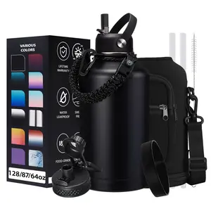32/40/64/87/128 OZ Vacuum Insulated Water Bottle - Keep Hot Cold Vacuum Gallon Flasks with Straw & Spout Lids, Paracord Handle, Water Bottler Carrier Holder & Protective Cup Mat, 1.8L Stainless Steel Water Jug
