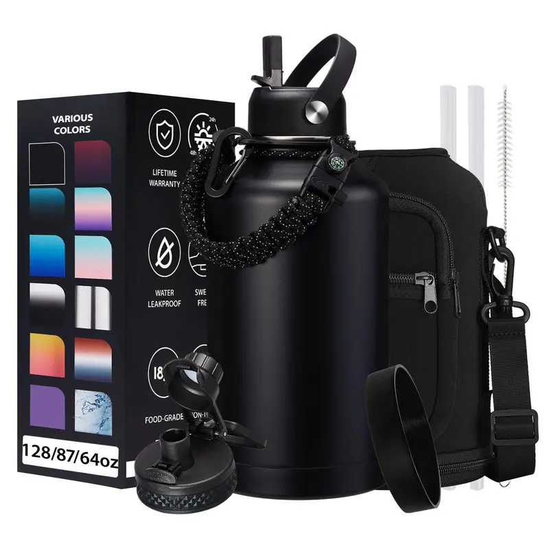 Double Wall Stainless Steel Vacuum Insulated Sports Water Bottle (32oz,40oz,64oz,87oz,128oz,1.8L) - Leak-Proof, Auto-Spout & Straw Lids, Survival Paracord Handle, Carrier Holder, Protective Boot, Carabiner for Camping & Outdoor Use