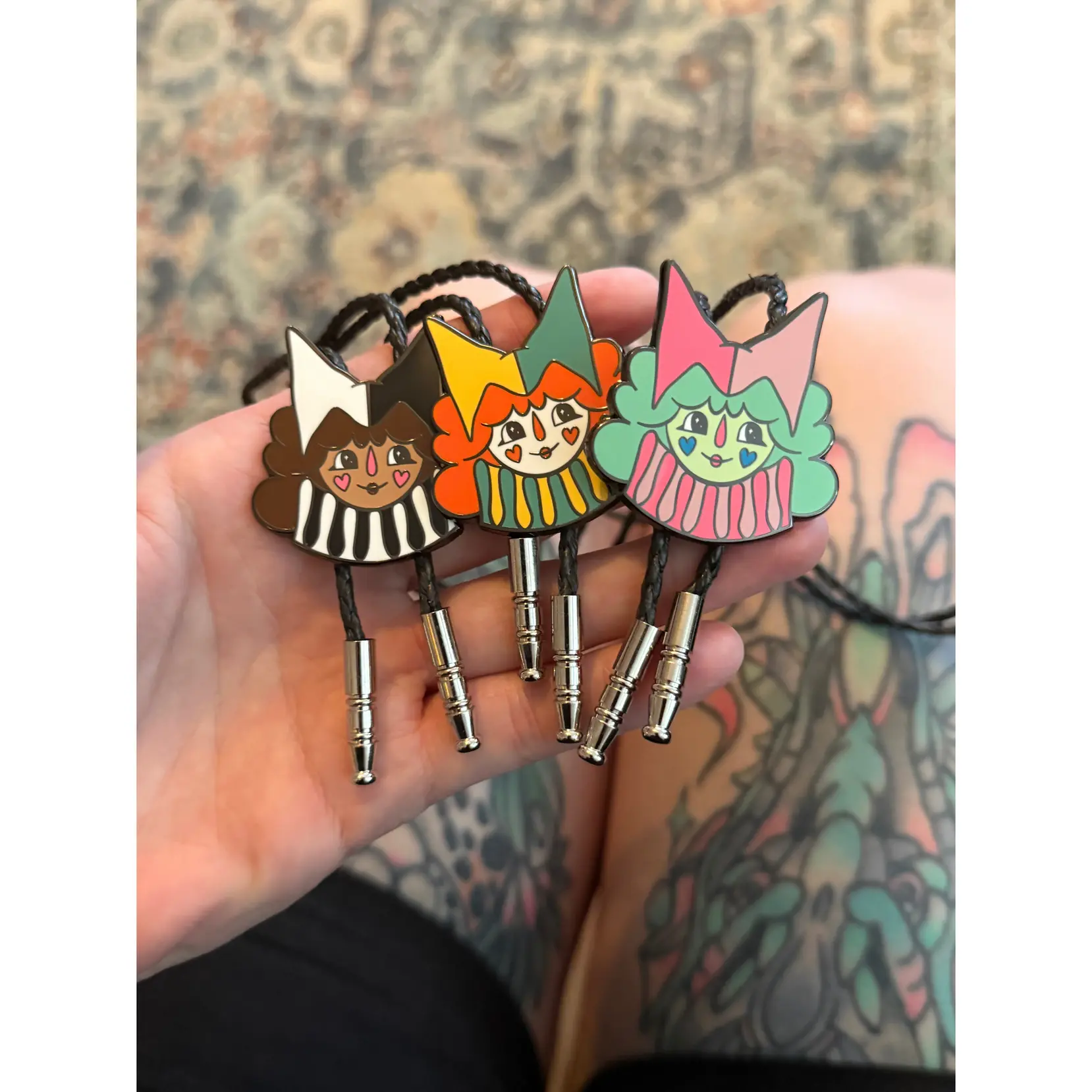 Clown Bolo Tie XL size, hand drawn clown princess hard enamel and pu rope