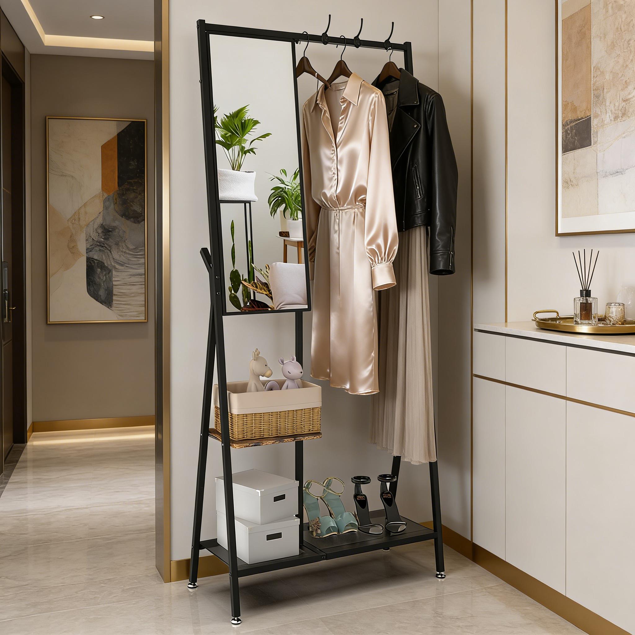 CoatRackwithMirror-MultifunctionalHallTreewithShoeStorage,MetalFrame73"TallIndustrialStyleRusticBrownBlackforEntrywayLivingRoomBedroom,SpaceSavingWallMountedFreestandingOrganizerFurnitureforApartmentDormEssentials
