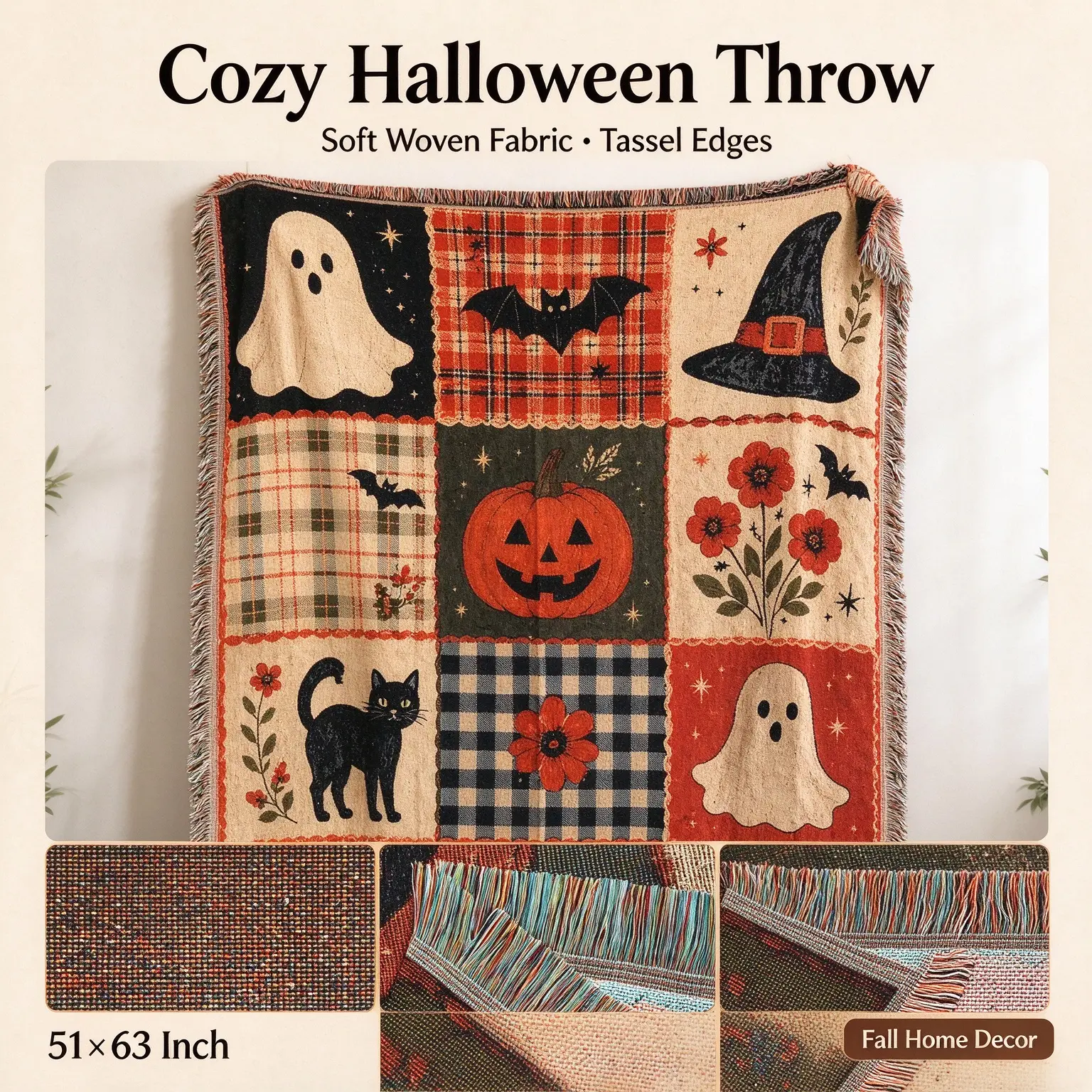 Halloween Patchwork Style Woven Blanket with Tassel Bed Blanket, Decorative Blanket, Multi-Function for Sofa Cover, Couch Throw, Armchair, Home Decor, Outdoor Picnic, Camping,Ghost Blanket,bedroom, Spooky Blanket, Halloween Throw Tapestry, Fall Home Decor