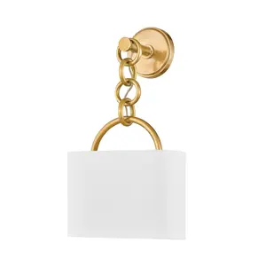 Kansa Sconce Large - Bold Chain Design with Vintage Brass Rings and White Linen Shade