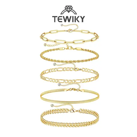 TEWIKY 5PCS Bracelets For Women Jewelry Sets For Women Cute Tennis Bracelets For Fashion Cuban Link Paperclip Chain Dainty Bracelet Pack Gifts For Women Girls trending jewellery For Gift Trendy Stack Bangle Elegant Minimalist Bangle