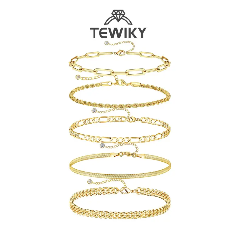 TEWIKY 5PCS Bracelets For Women Jewelry Sets For Women Cute Tennis Bracelets For Fashion Cuban Link Paperclip Chain Dainty Bracelet Pack Gifts For Women Girls trending jewellery For Gift Trendy Stack Bangle Elegant Minimalist Bangle