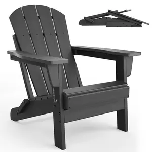 Folding Adirondack Chairs, Outdoor Wooden Lounge Chair, Ergonomic Extended Backrest, HDPE All-Weather Firepit Chair for Patio, Garden, Deck & Lawn
