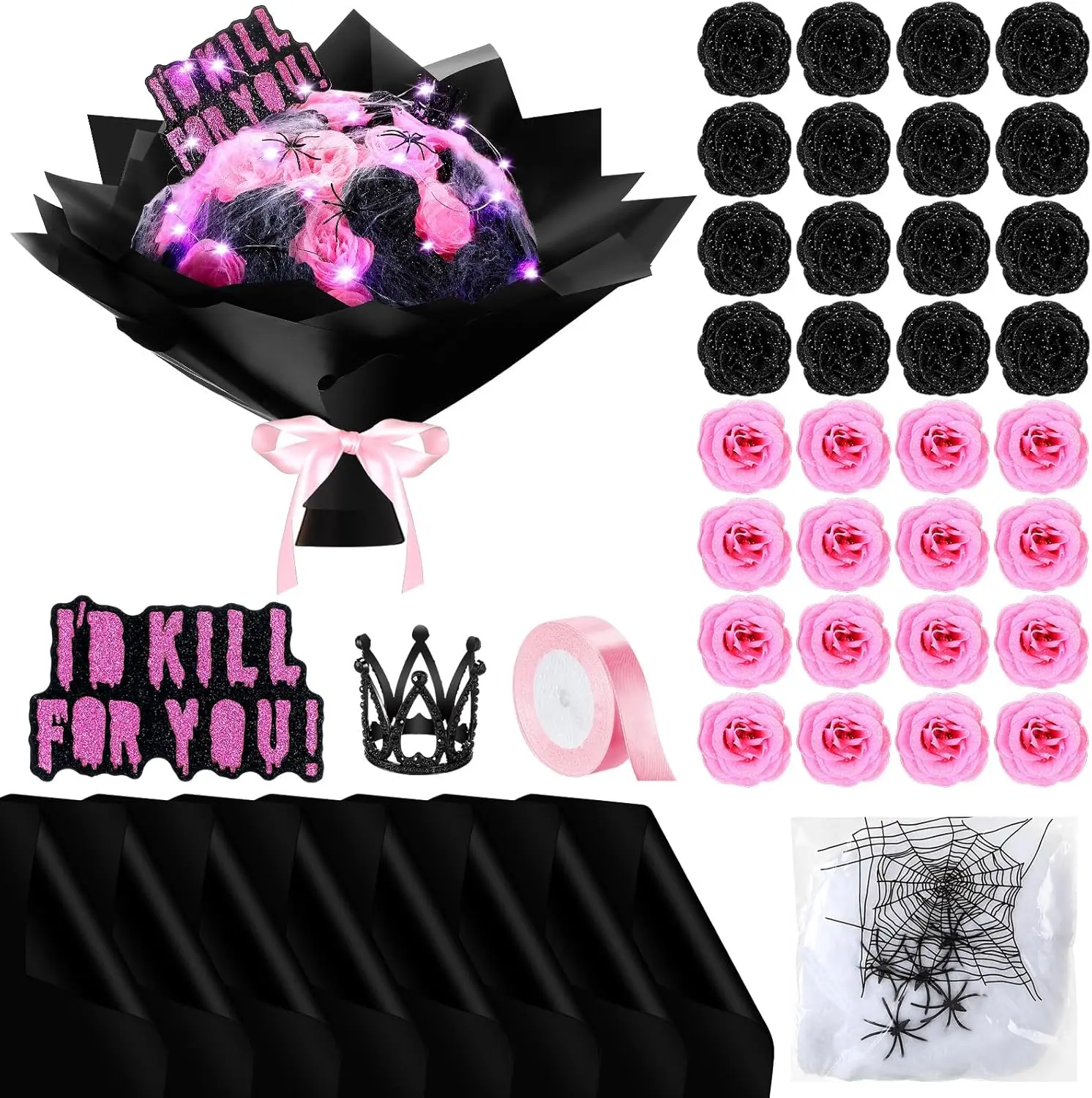 36 Pcs Halloween Glitter Roses Bouquet Artificial Rose Flowers Bouquet DIY Fake Glitter Roses with Spider Web Flower Wrapping Paper Crowns Cards for Halloween Decoration Gift Giving